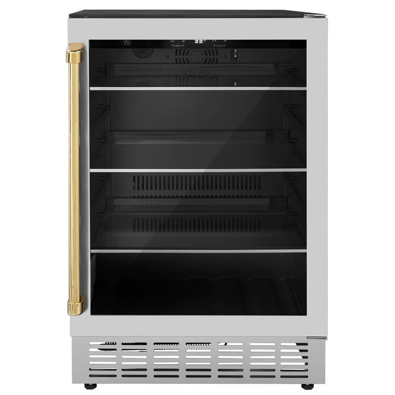 ZLINE 24" Autograph Edition 154 Can Beverage Cooler Fridge with Adjustable Shelves in Stainless Steel with Gold Accents (RBVZ-US-24-G) - (RBVZUS24G)