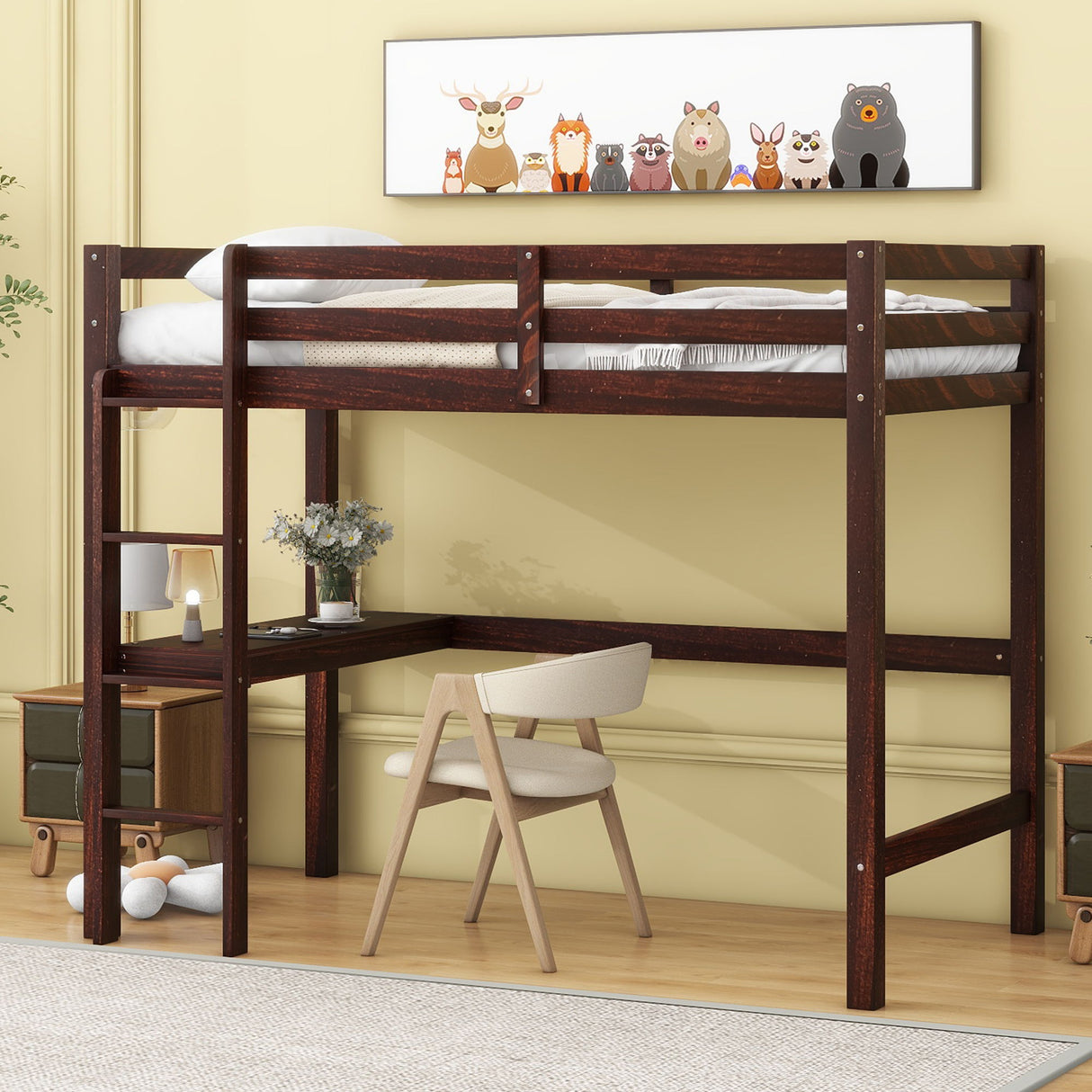 Loft Pine Wood Bed With Built-In Desk, Safety Guardrails, Ladder