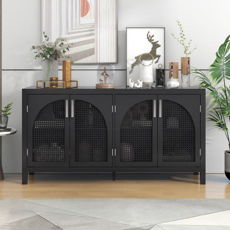 Large Storage Space Sideboard With Artificial Rattan Door And Metal Handles For Living Room And Entryway - Black