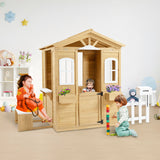 Wooden Playhouse For Kids Outdoor With Working Door, Windows, Mailbox, Bench, Flowers Pot Holder - Natural