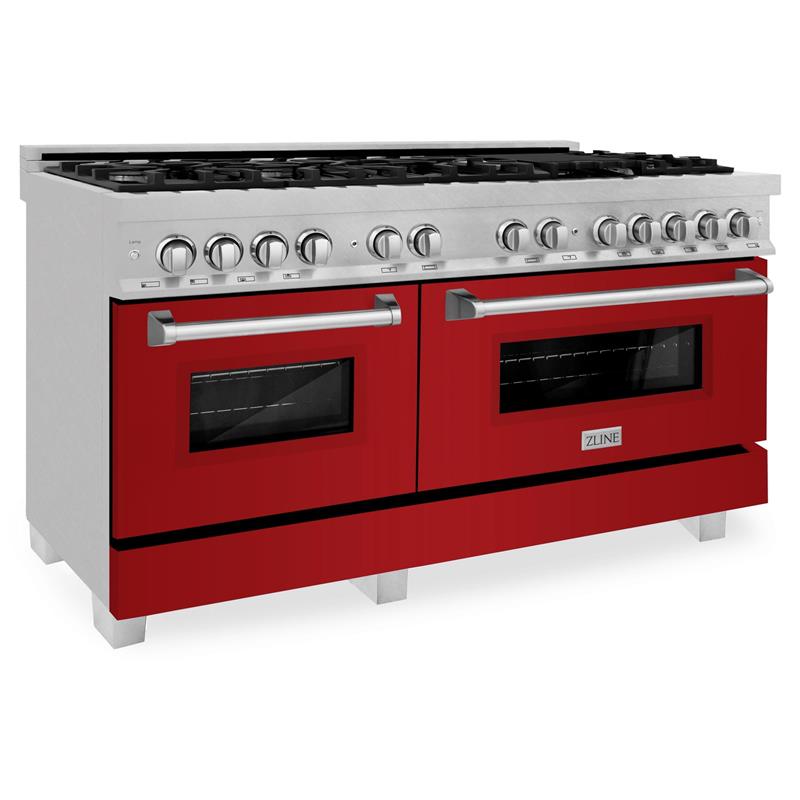 ZLINE 60 in. 7.4 cu. ft. Dual Fuel Range with Gas Stove and Electric Oven in DuraSnow Stainless Steel and Colored Door Options (RAS-60) [Color: DuraSnow Stainless Steel with Red Gloss Door] - (RASRG60)