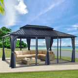 Gazebo Double Roof Canopy With Netting And Curtains, Outdoor Gazebo 2 Tier Hardtop Galvanized Iron Aluminum Frame Garden Tent For Patio, Backyard, Deck And Lawns