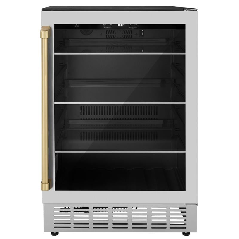 ZLINE 24" Autograph Edition 154 Can Beverage Cooler Fridge with Adjustable Shelves in Stainless Steel with Champagne Bronze Accents (RBVZ-US-24-CB) - (RBVZUS24CB)