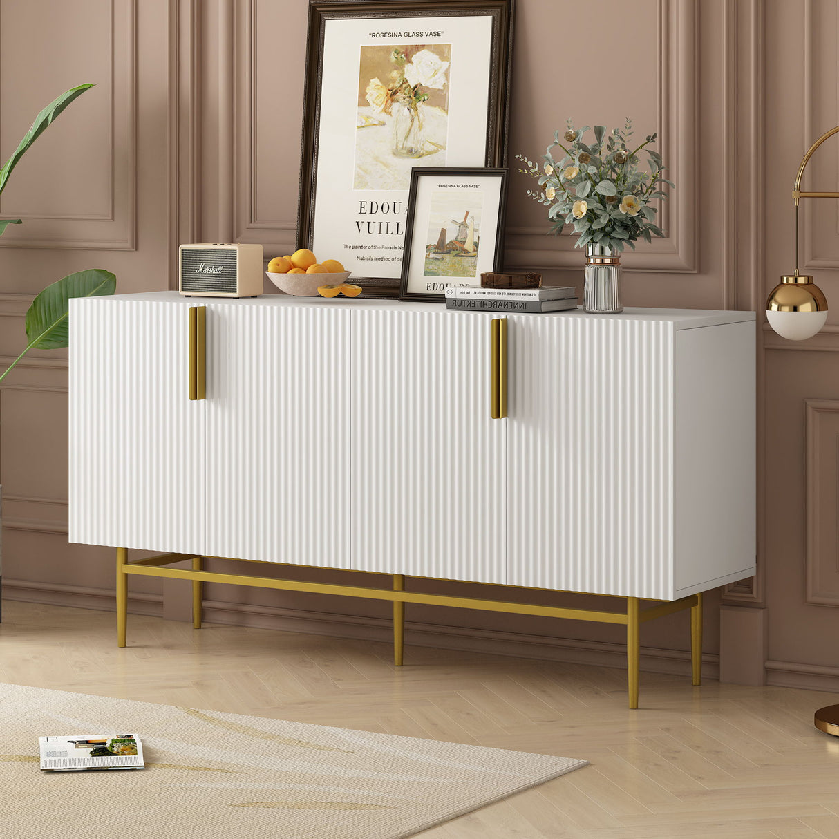 Modern Elegant 4 Door Sideboard Gold Metal Handle Buffet Cabinet For Dining Room, Living Room, Bedroom, Hallway