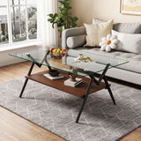 Rectangle Coffee Table With Tempered Glass Top And Shelf, Modern Table For Living Room