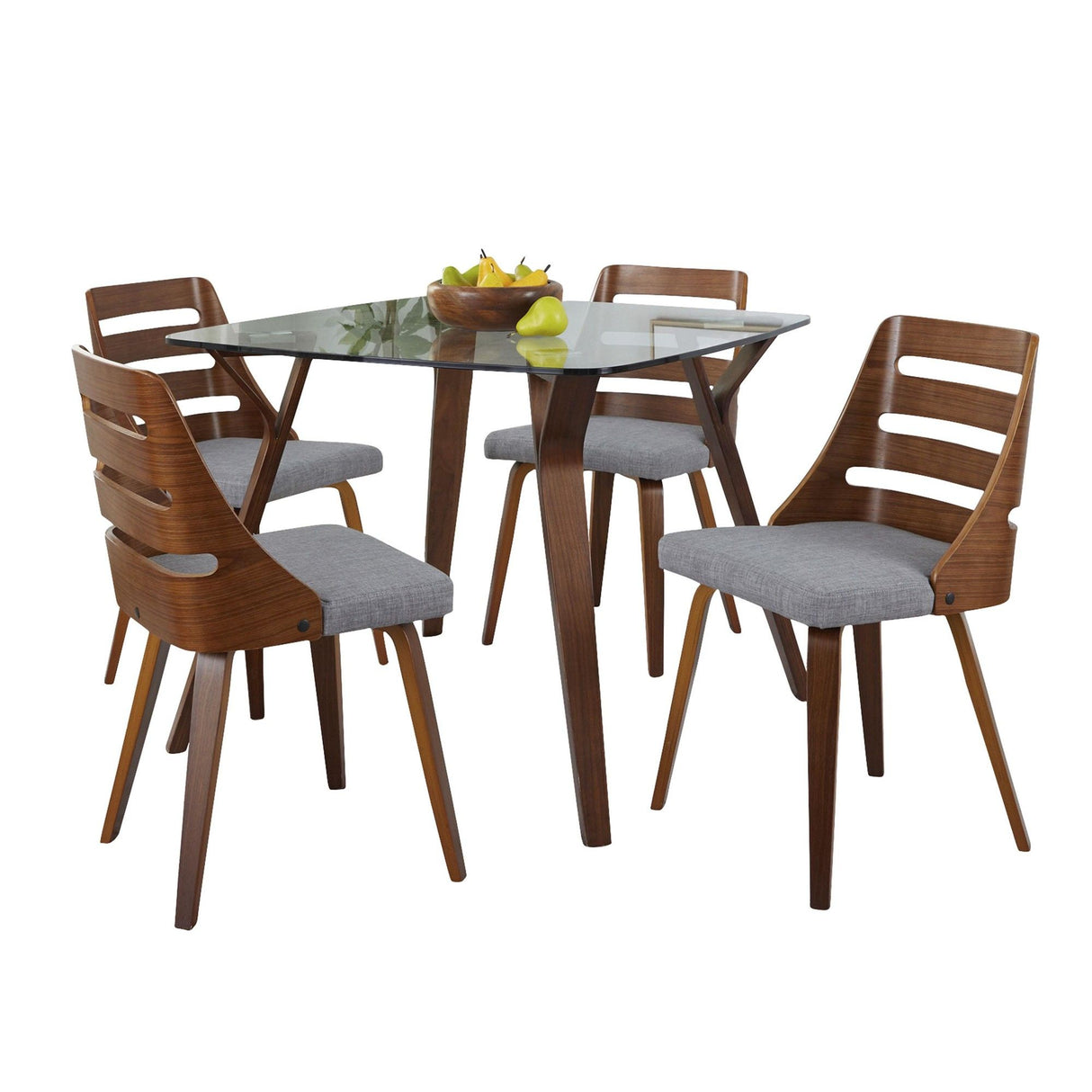 Folia - Trevi Square Dining Set - Walnut Wood With Clear Glass Tabletop And Gray Fabric (Set of 5)