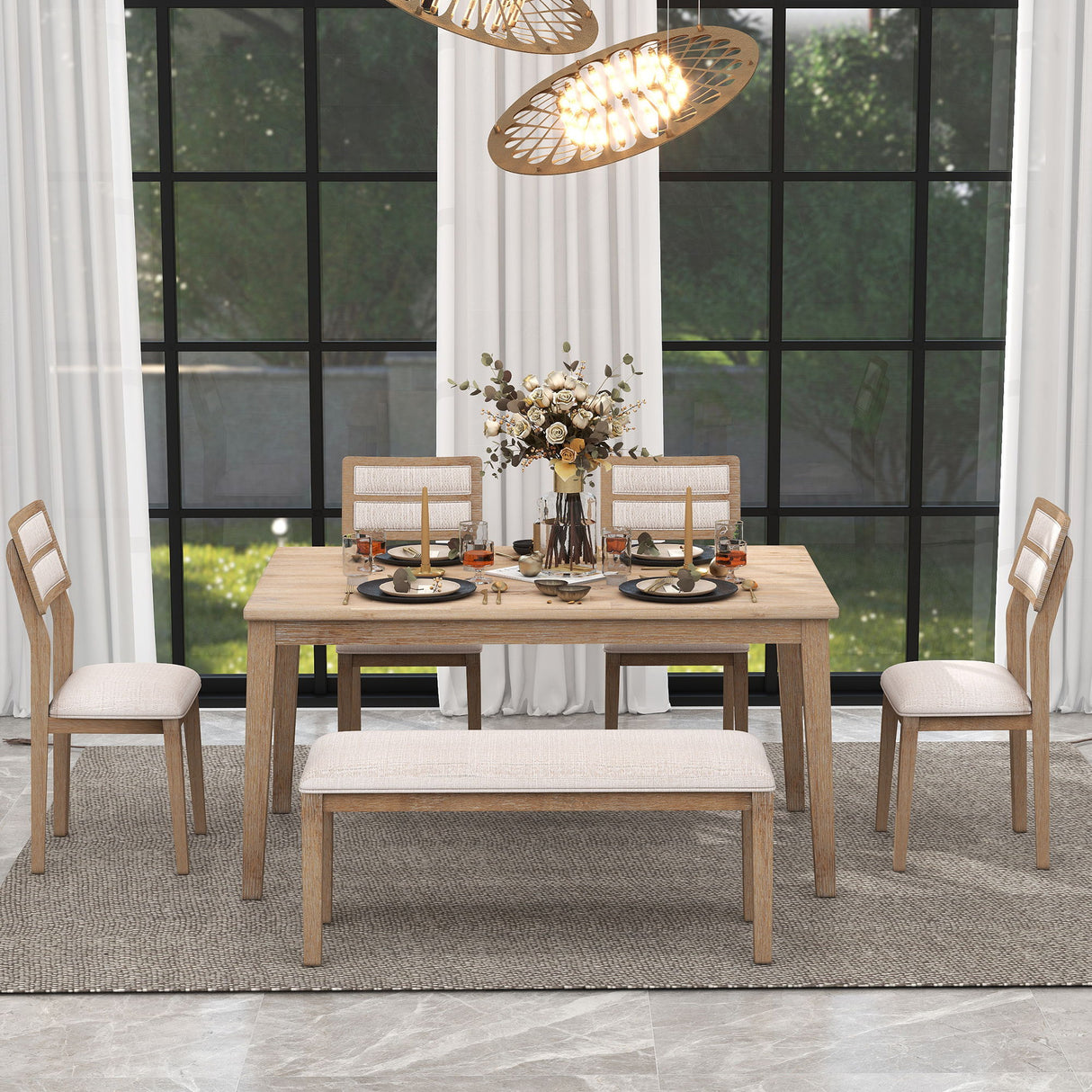 Dining Set Classic And Traditional Style, Includes Dining Table, 4 Upholstered Chairs & Bench