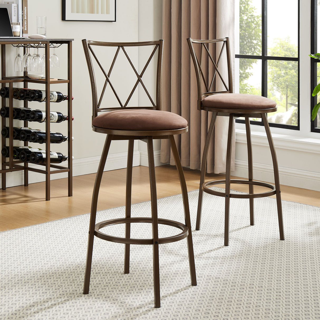 Bar Stools, Bar Chairs With Footrest (Set of 2) - Brown