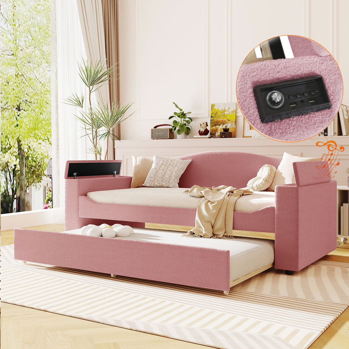 Twin Size Upholstered Daybed With Storage Armrests, Trundle And Latest Integrated Bluetooth Audio System, Teddy Fleece