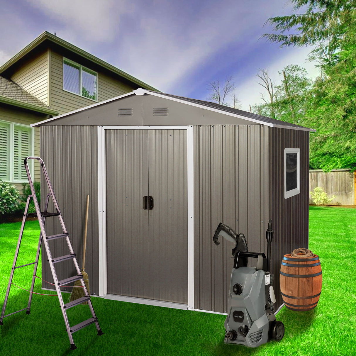 8Ft x 6Ft Outdoor Metal Storage Shed With Window (W540S00016) - Gray