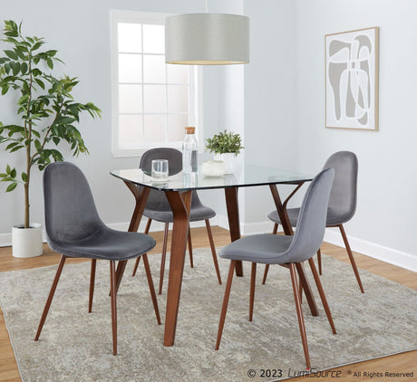 Folia - Square Fabrico - Dining Set - Walnut Wood, Round Clear Tempered Glass And Gray Fabric (Set of 5)