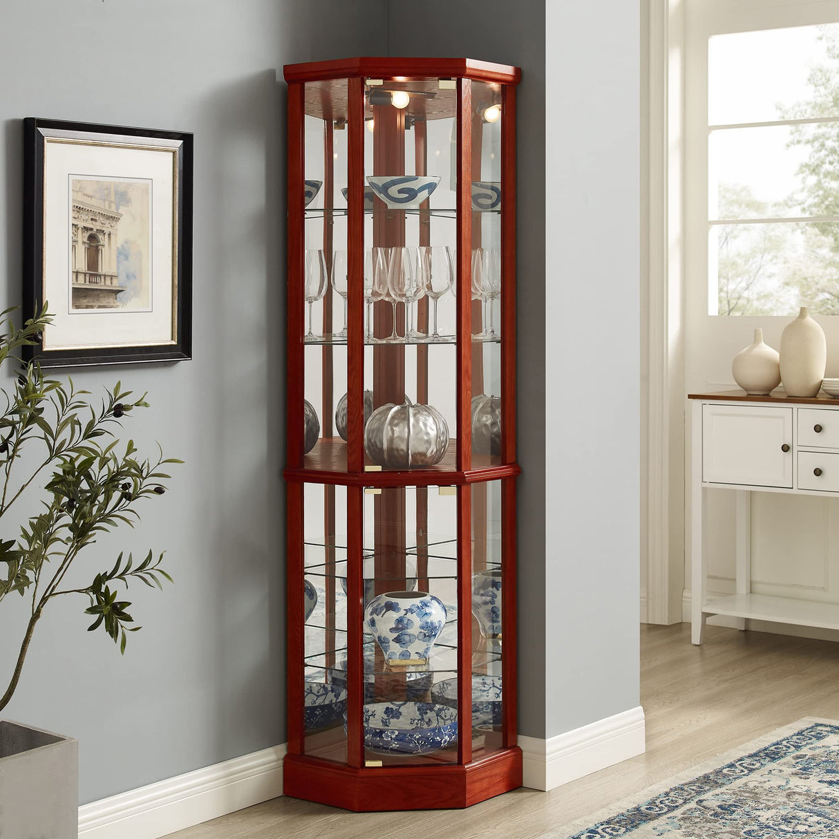 6 Shelf Lighted Corner Curio Cabinet With Adjustable Tempered Glass Shelves And Mirror Back (E26 Light Bulb Not Included)