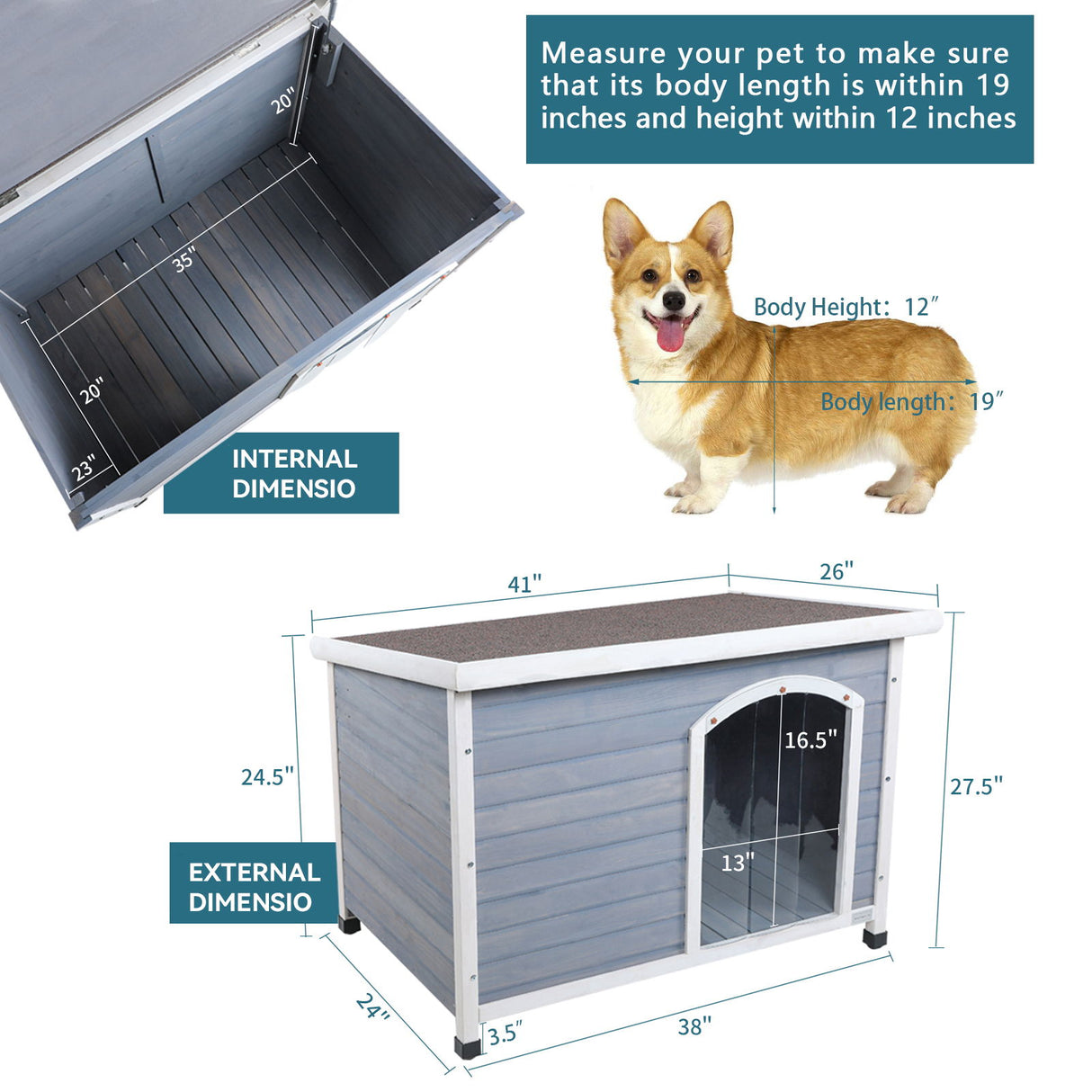 Medium Wooden Outdoor Dog House, Waterproof Roof, Elevated Floor, Adjustable Plastic Feet