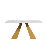 63" Modern Artificial Stone Straight Edge Golden Metal Leg Dining Table - White / Gold