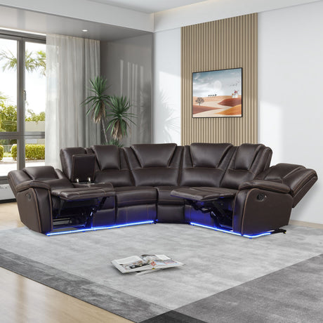 Modern Faux Leather Manual Reclining With Center Console And LED Light Strip, Living Room Furniture Set, PU Symmetrical Couch With 2 Cup Holders And Storage For Living Room