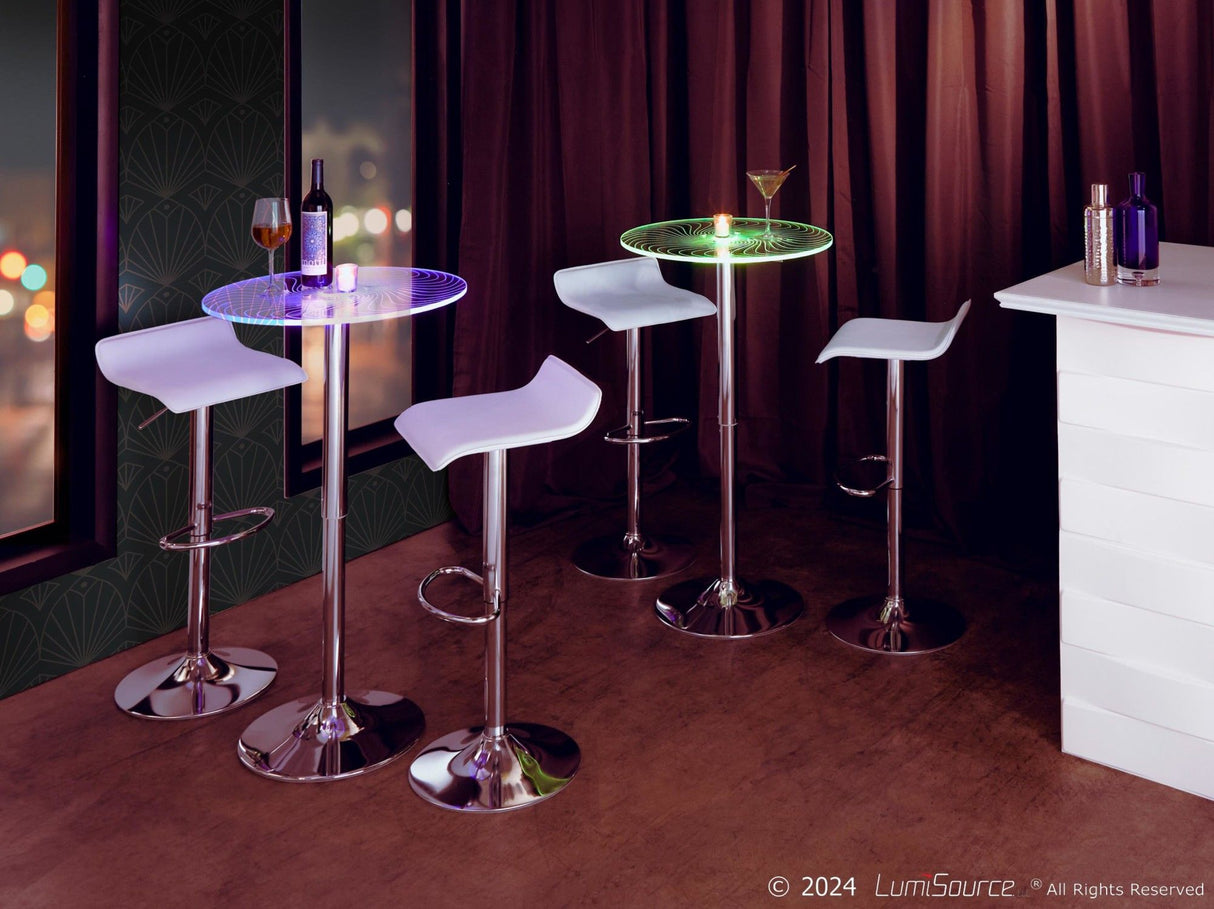 Display - Ale Bar Set With Storage Space - White Metal, Natural Wood And White PVC With Chrome Metal Footrest (Set of 3)