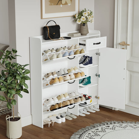 Shoe Cabinet With 4 Doors 1 Drawers, PVC Door With Shape, Large Space For Storage - White