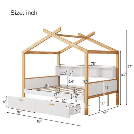 Wooden House Bed Original Wood Colored Frame With Two Drawers And Bookshelf Storage Space For Children Or Guest Room