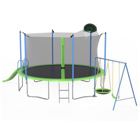 12Ft Trampoline With Slide And Swings, Astm Approved Large Recreational Trampoline With Basketball Hoop And Ladder, Outdoor Backyard Trampoline With Net, Capacity For Kids And Adults - Green / Blue