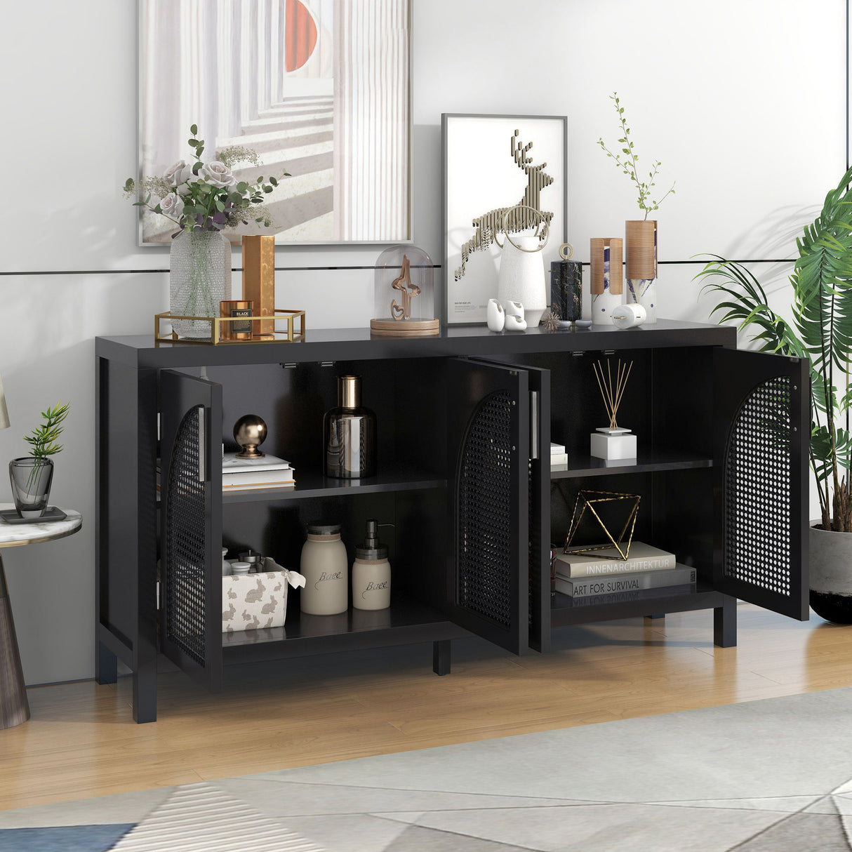 Large Storage Space Sideboard With Artificial Rattan Door And Metal Handles For Living Room And Entryway - Black