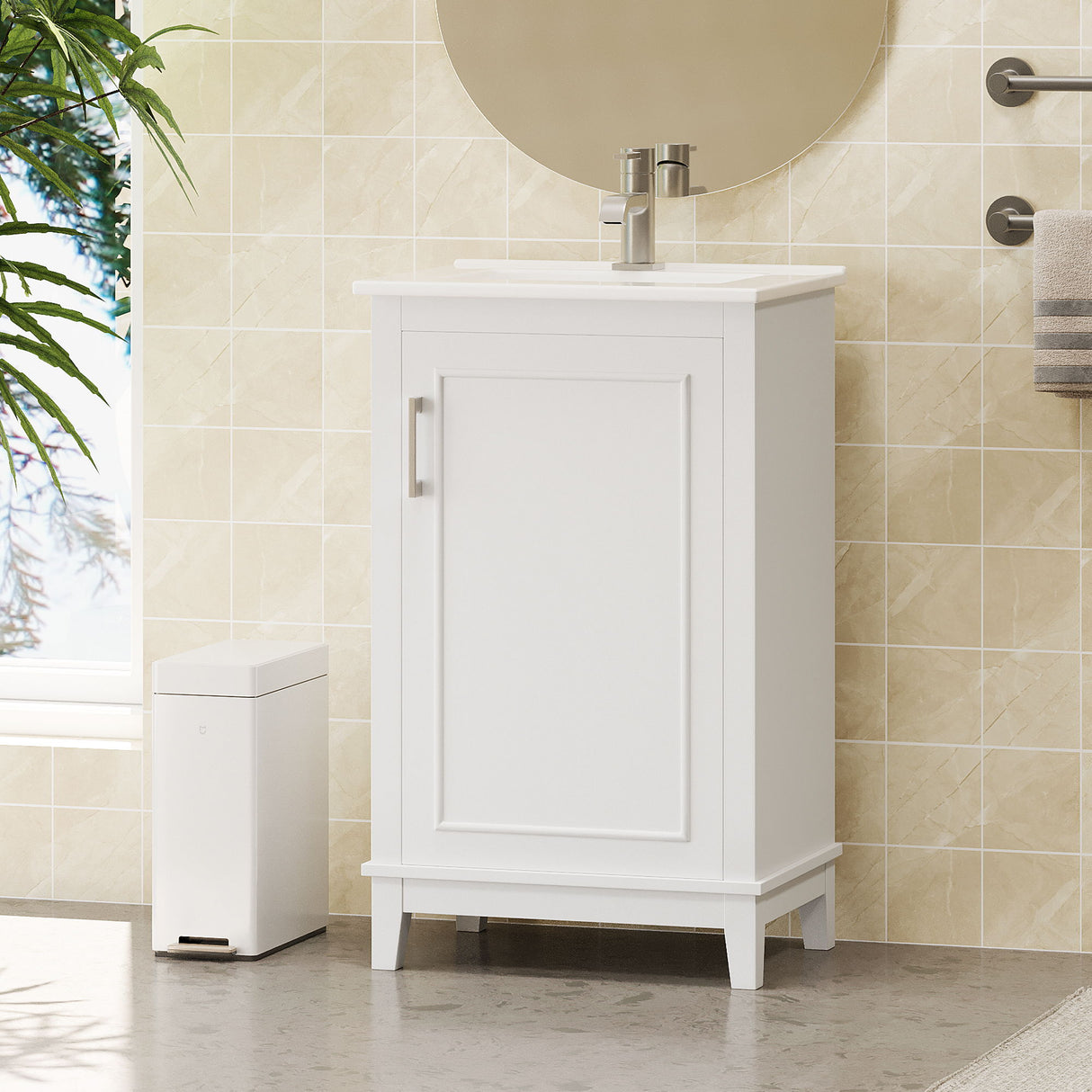 Modern Small Bathroom Vanity Cabinet With Ceramic Basin, Ample Storage, 1 Soft Close Door