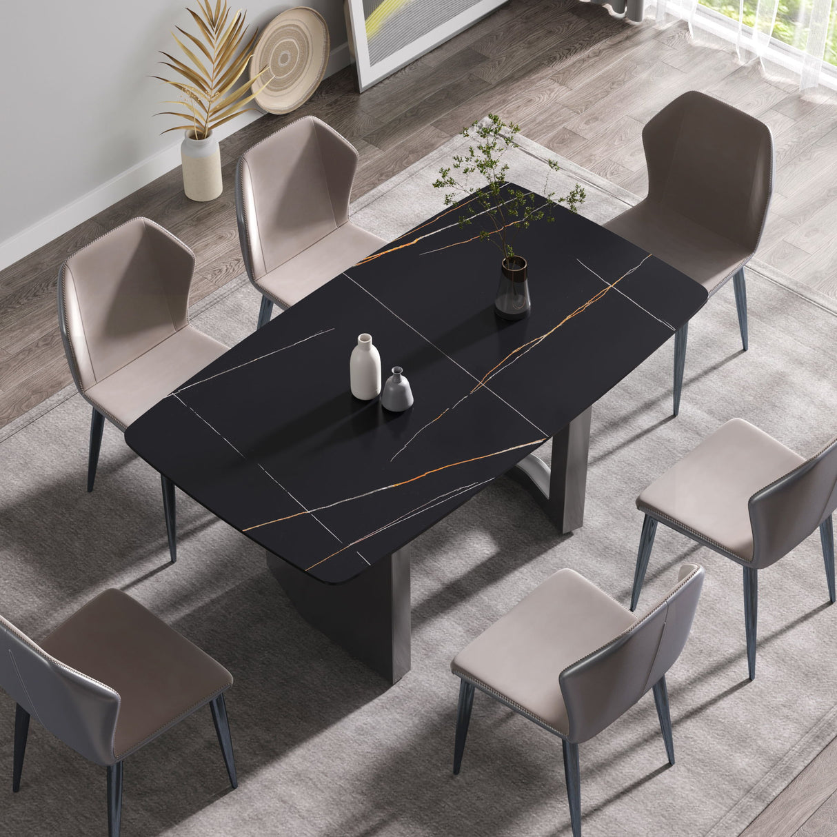 63" Modern Artificial Stone Black Curved Black Metal Leg Dining Table, 6 People - Black