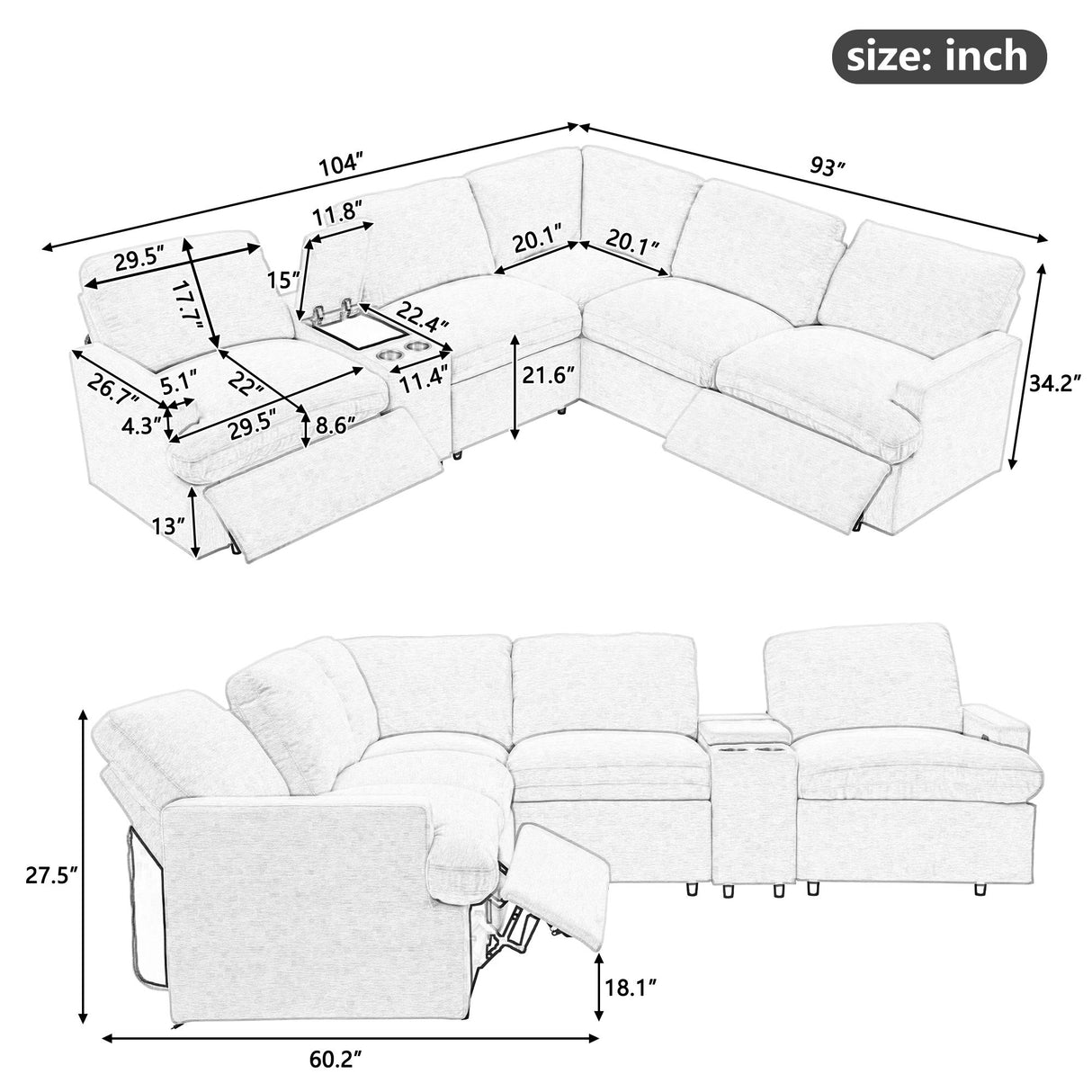 Power Recliner Corner Sofa Home Theater Reclining Sofa Sectional Couches With Storage Box, Cup Holders, USB Ports And Power Socket For Living Room