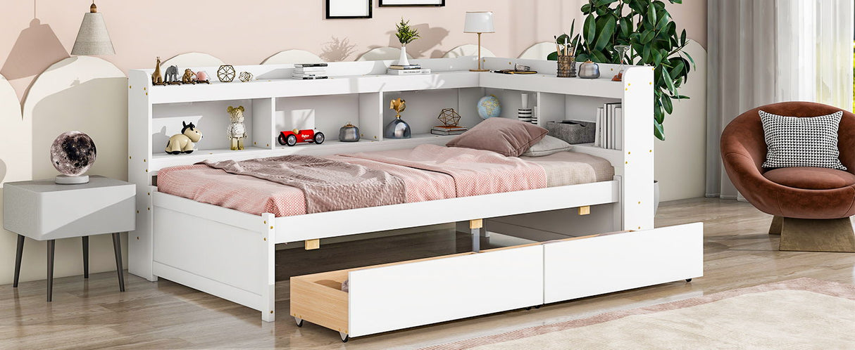 Twin Bed With L-Shaped Bookcases, Drawers