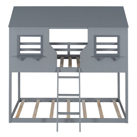 78" Twin Over Twin Bunk Bed Wood Bed With Roof, Window, Guardrail, Ladder - Gray