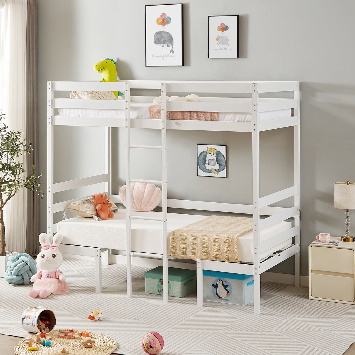 Twin Over Twin Bunk Beds Can Be Turn Into Upper Bed And Down Desk, Cushion Sets Are Free - White