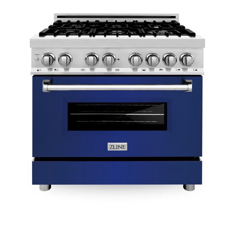 ZLINE 36 in. Dual Fuel Range with Gas Stove and Electric Oven in Stainless Steel (RA36) [Color: Blue Gloss] - (RABG36)