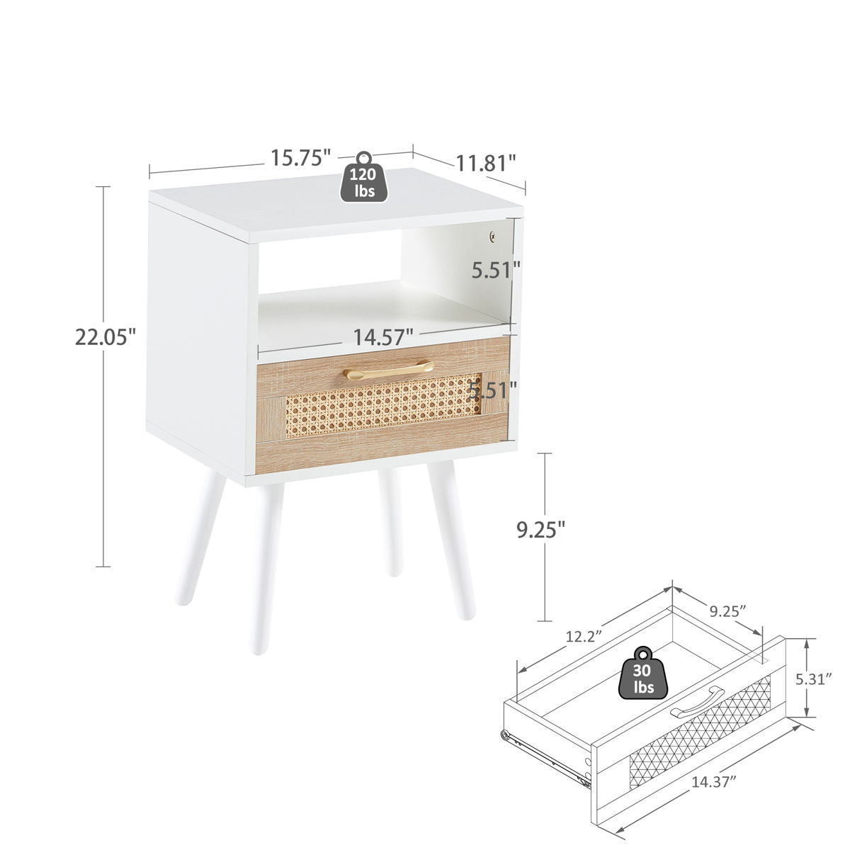 15.75" Rattan End Table With Drawer And Solid Wood Legs, Modern Nightstand, Side Table For Living Room, Bedroom