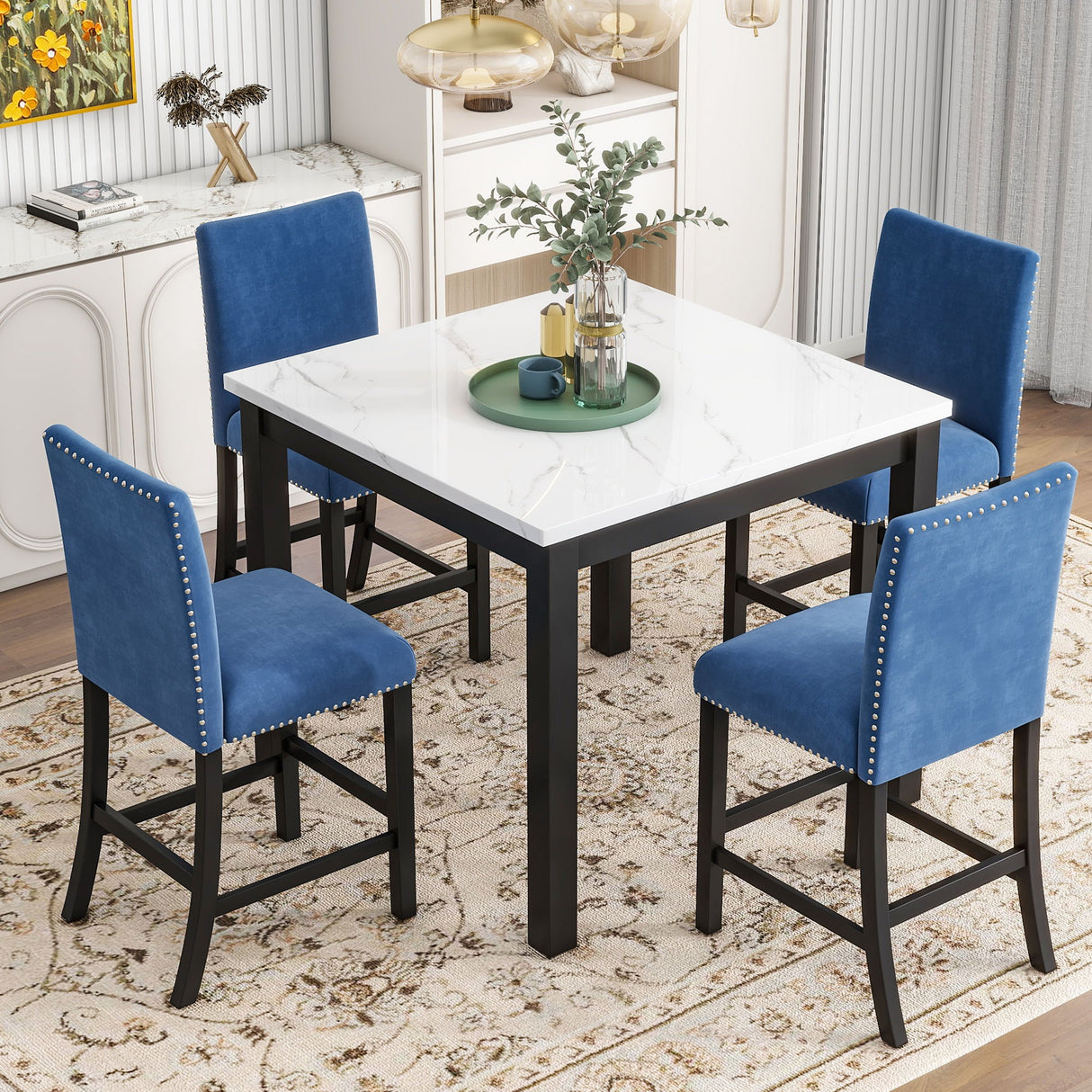 5-Piece Counter Height Dining Table Set With One Faux Marble Top Dining Table And Four Velvet Upholstered Chairs