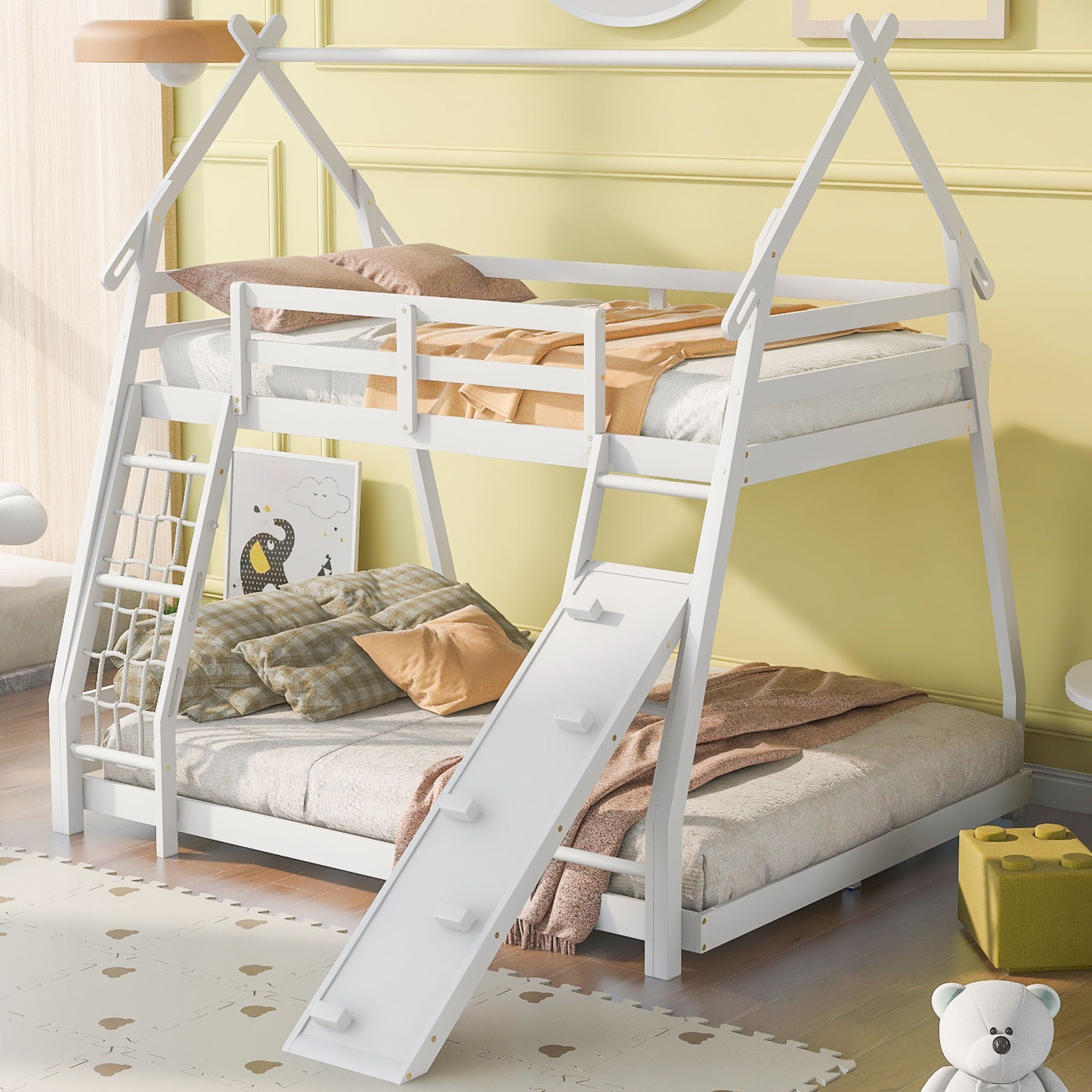 Twin Over Queen House Bunk Bed With Climbing Nets And Climbing Ramp –  Varouj.com