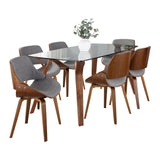 Folia - Pebble Dining Set - Walnut Wood, Walnut Metal And Blue Fabric (Set of 7)