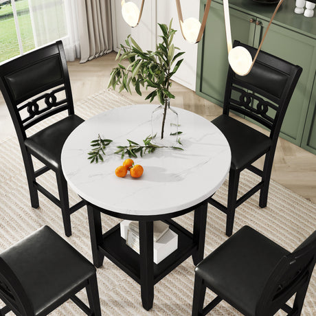 5 Piece Counter Height Dining Round Table Set With One Faux Marble Top Dining Table And Four Pu-Leather Chairs - Dark Espresso