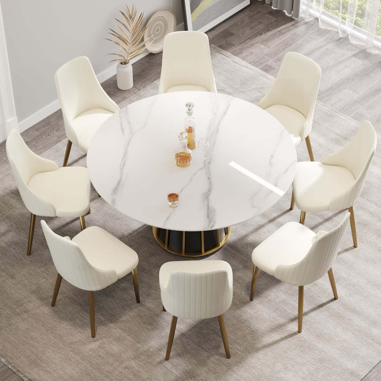 59.05" Modern Artificial Stone Round Panel Metal Iron Base Dining Table, Can Accommodate 8 People, (Not Including Chairs) - White / Black