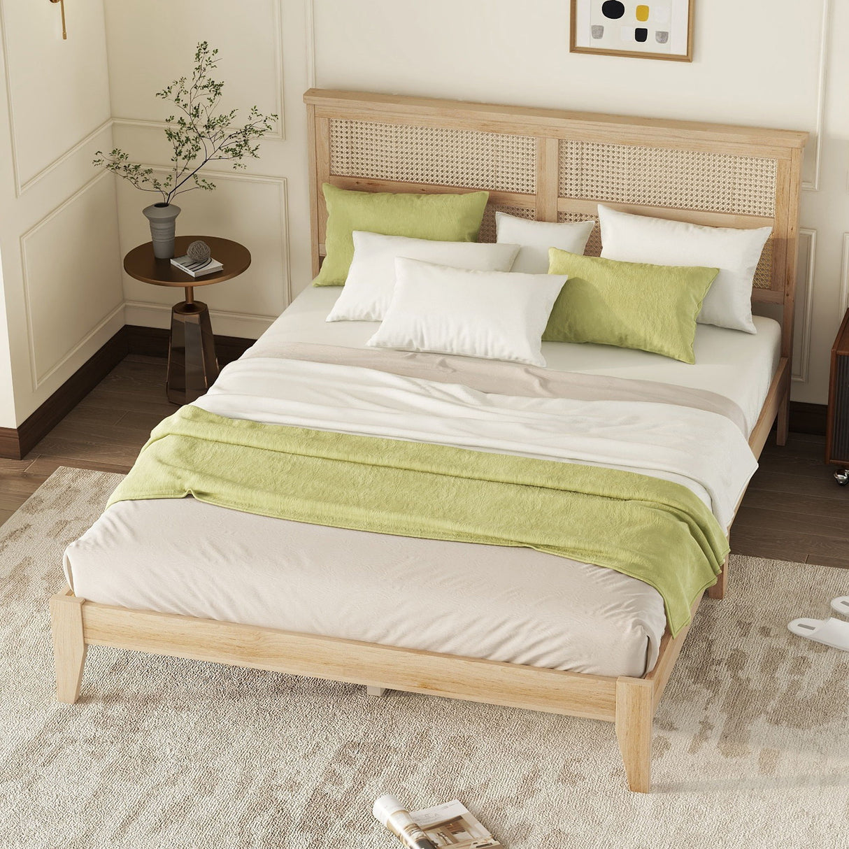 Queen Size Rubber Wooden, Solid Wooden Bed With Rattan Headboard, Enhanced By Support Feet - Natural