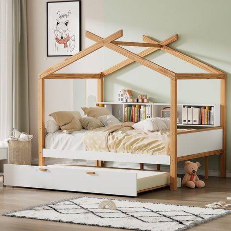 Twin Size Wooden House Bed With Original Wood Colored Frame Twin Size Trundle And Bookshelf Storage Space For Children Or Guest Room - White