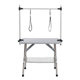 Folding Dog Pet Grooming Table Stainless Steel Frame Rubber Mat On Board With Adjustable Arm And Clamps Pet Dog Cat Grooming Table