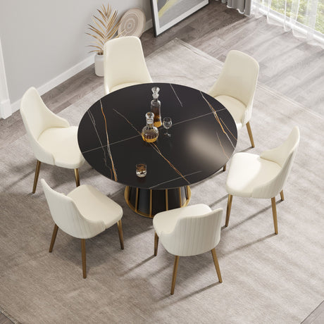 Modern Artificial Stone Round Metal Iron Base Dining Table, Can Accommodate 6 People (Not Including Chairs.) - Black