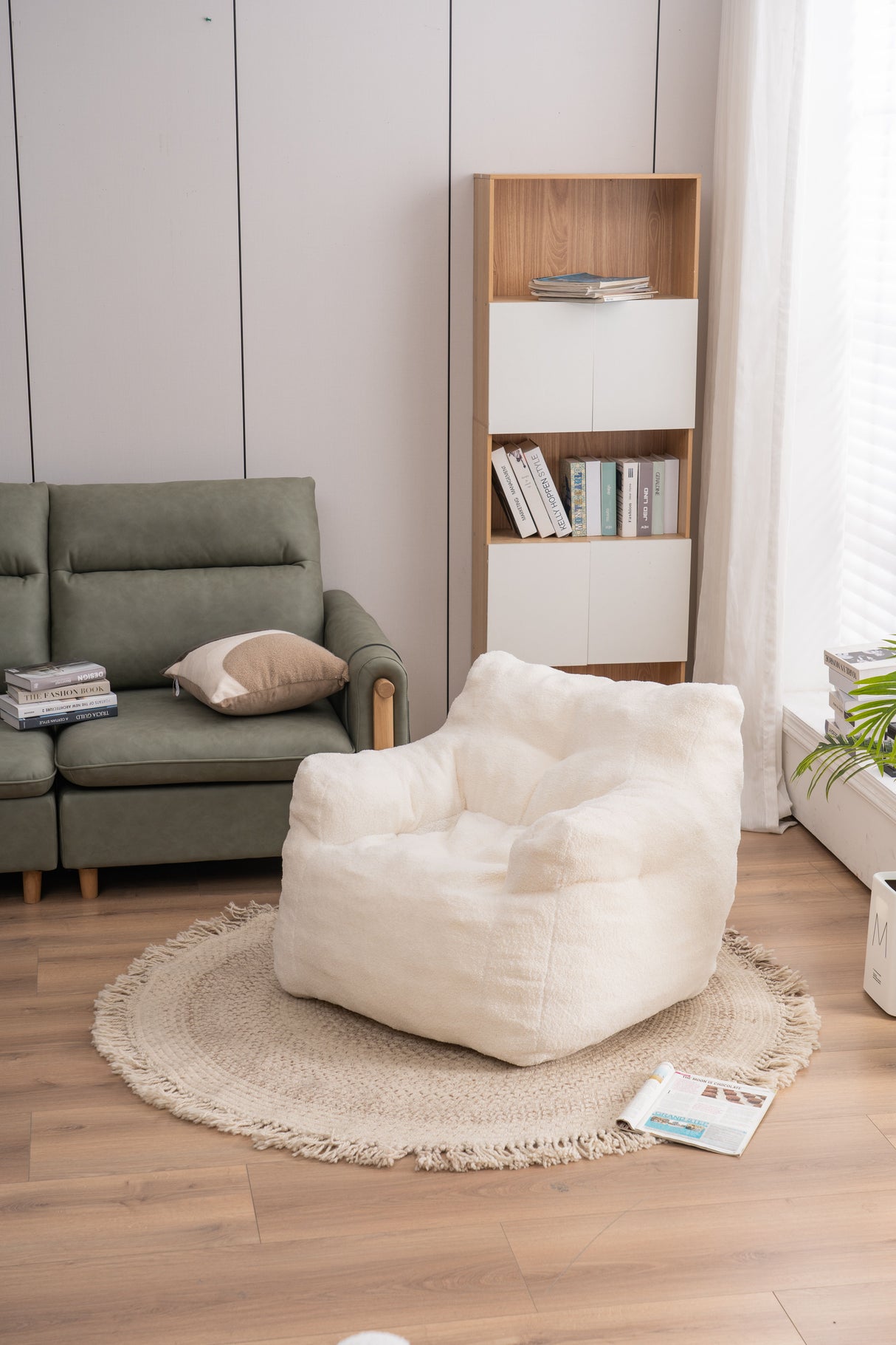 Soft Teddy Fabric Tufted Foam Bean Bag Chair With Teddy Fabric