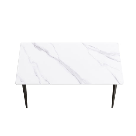 63" Modern Artificial Stone White Straight Edge Black Metal Leg Dining Table, 6 People - White / Black