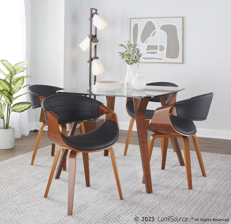 Folia - Fabrizzi - Dining Set - Walnut Wood, Clear Tempered Glass And Gray Fabric (Set of 7)