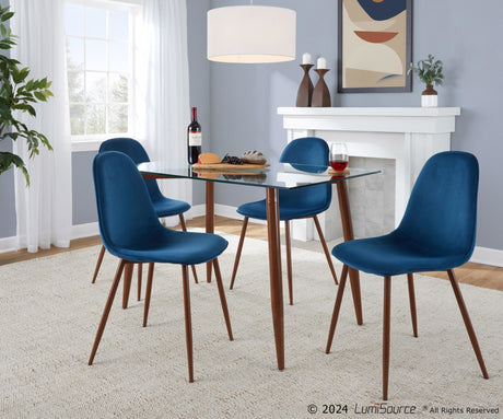 Clara - Pebble Dining Set - Walnut Metal, Clear Glass Tabletop And Blue Fabric Seat (Set of 5)