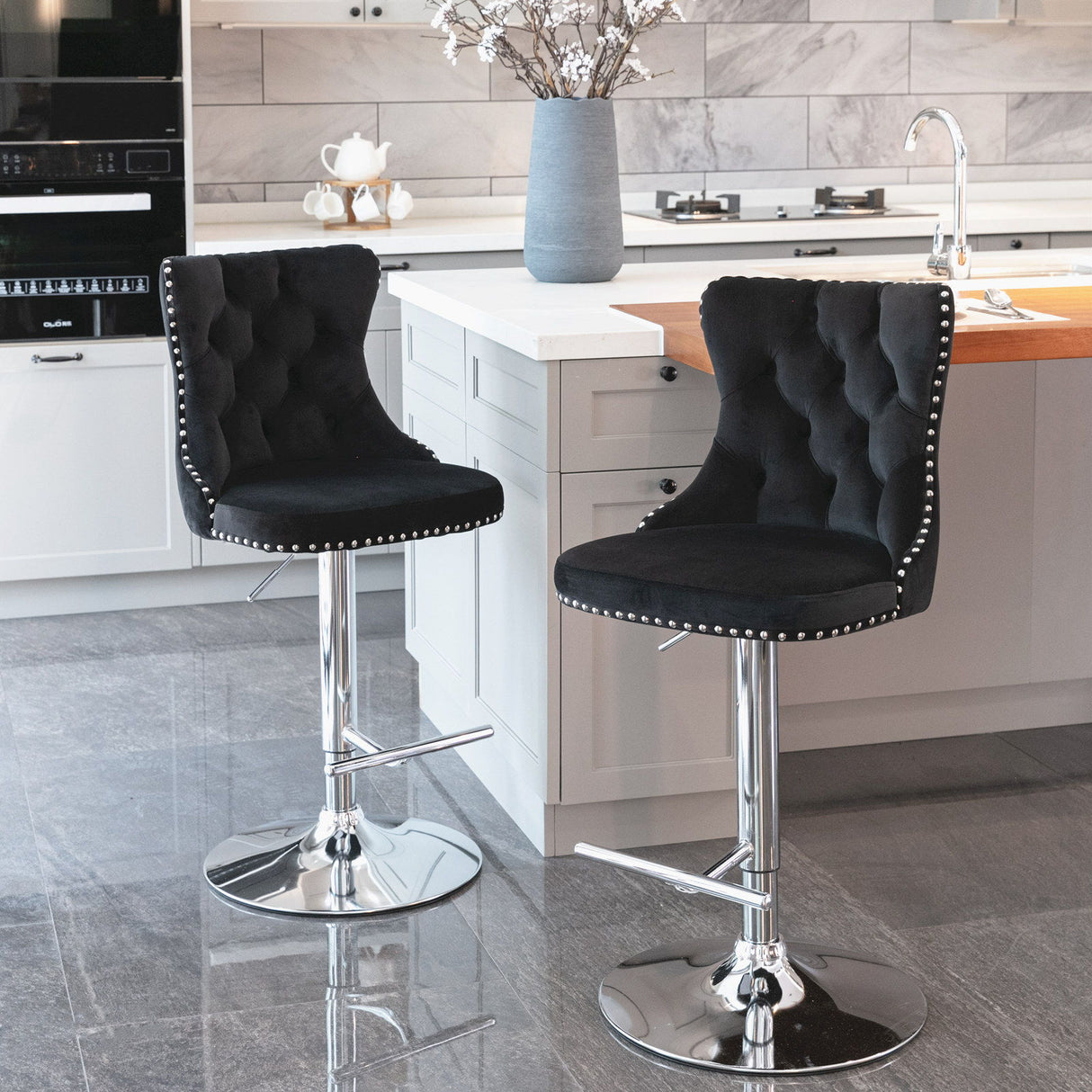 Swivel Velvet Barstools Adjusatble Seat Height From 25-33", Modern Upholstered Chrome Base Bar Stools With Backs Comfortable Tufted For Home Pub And Kitchen Island (Set of 2)