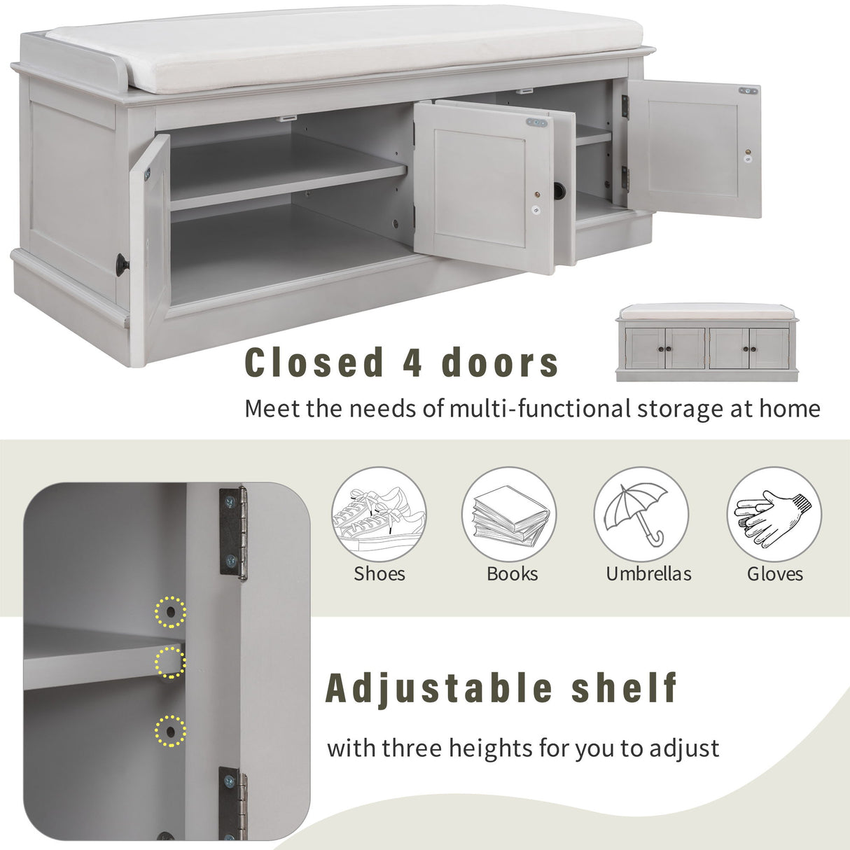 Storage Bench With 4 Doors And Adjustable Shelves, Shoe Bench With Removable Cushion For Living Room, Entryway