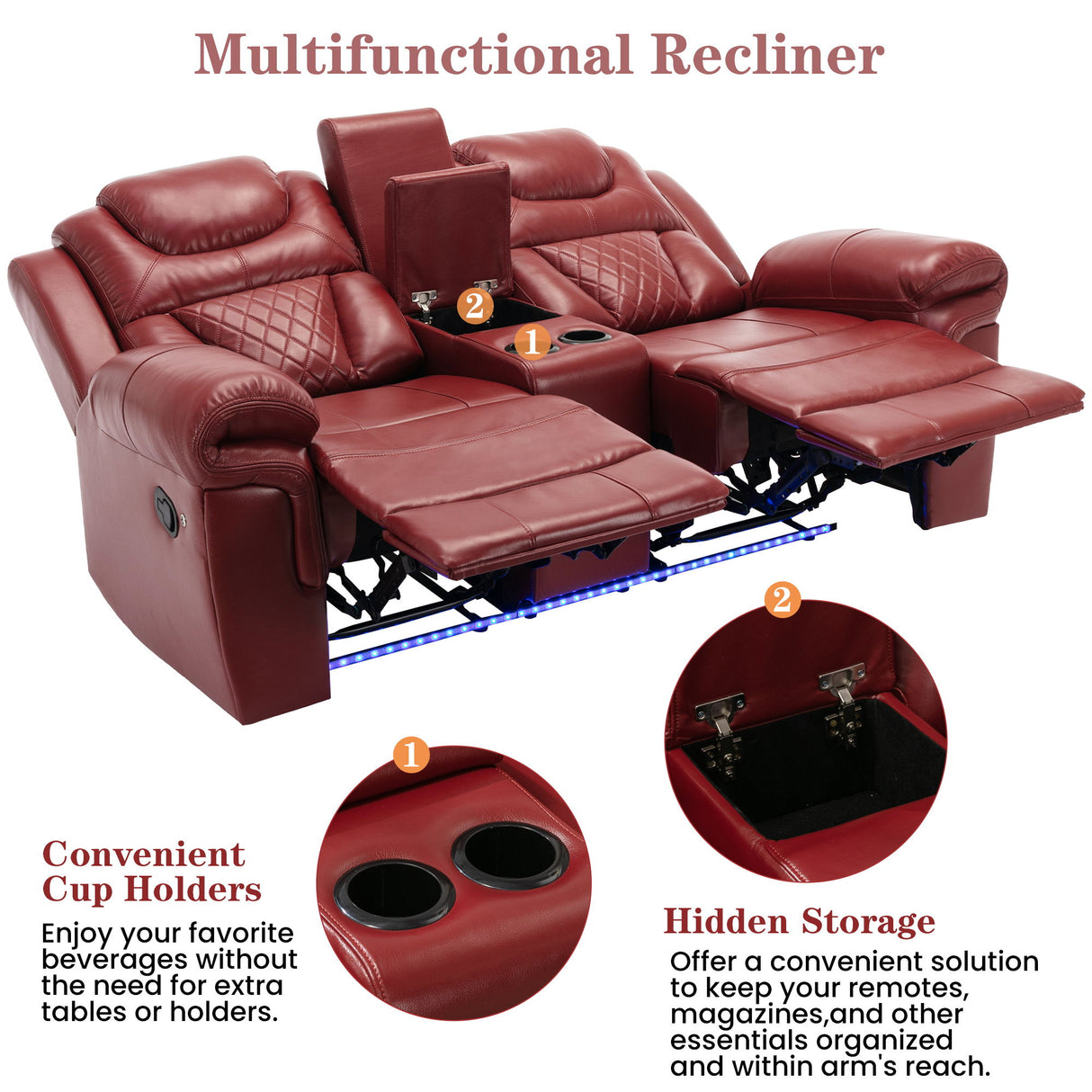 Home Theater Seating Manual Recliner Loveseat With Hide-Away Storage, Cup Holders And Led Light Strip For Living Room