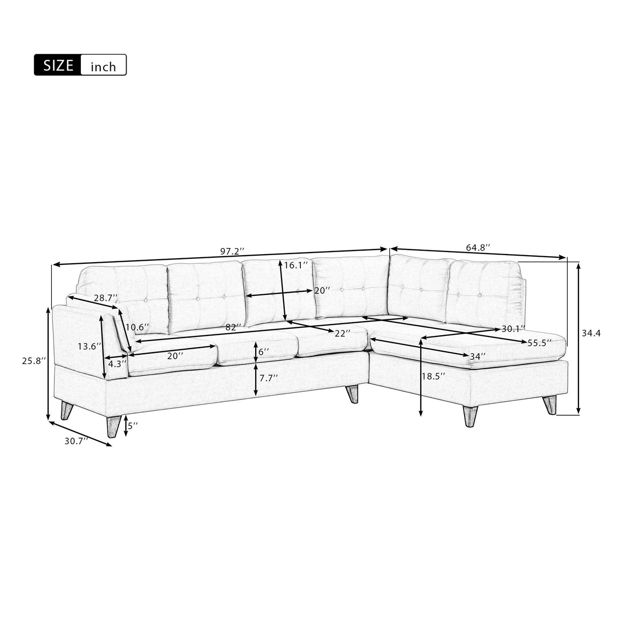 Modern Linen Fabric Sofa, L-Shape Couch With Chaise Lounge, Sectional Sofa With One Lumbar Pad