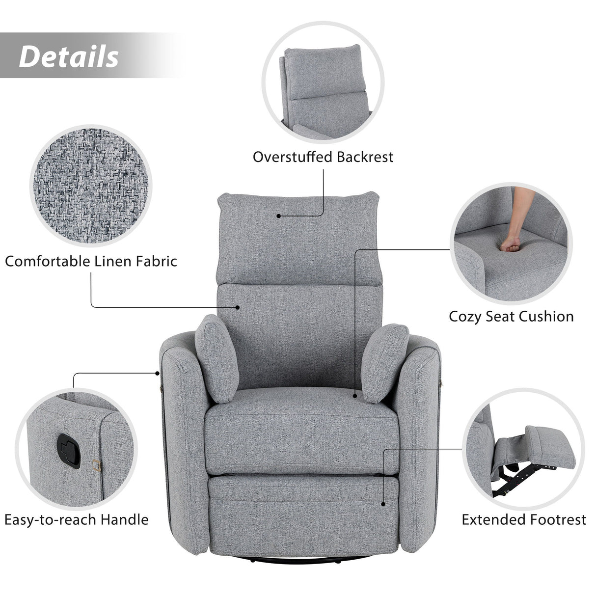 Upholstered Swivel Recliner Manual Rocker Recliner Chair Baby Nursery Chair With Two Removable Pillows For Living Room